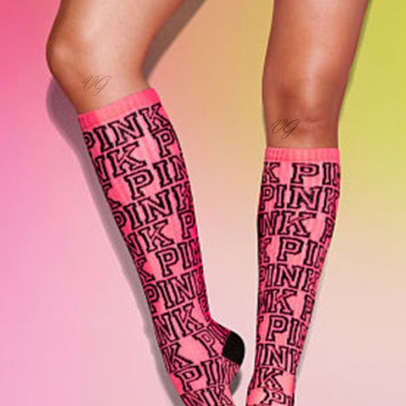 Victoria's Secret PINK Just Below The Knee High Socks PINK Lettering NWOT - Picture 1 of 6